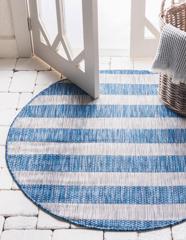 Blue 4' 1 x 4' 1 Outdoor Striped Round Area Rug Weather Resistant for Patio, Deck, Terrace, Balcony, Porch Geometric Pattern Waterproof Carpet for Sale at Rug Engine