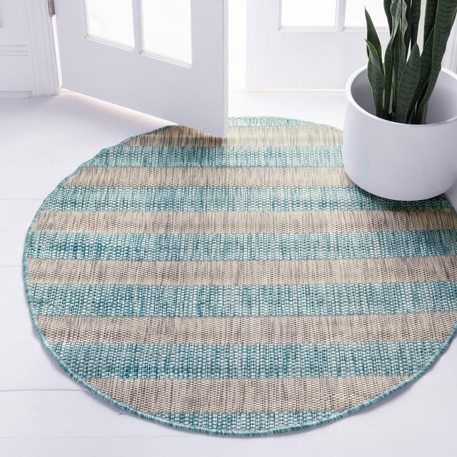 Light Aqua 4' 1 x 4' 1 Outdoor Striped Round Area Rug Weather Resistant for Patio, Deck, Terrace, Balcony, Porch Geometric Pattern Waterproof Carpet for Sale at Rug Engine