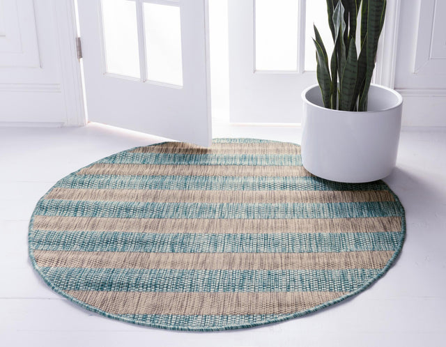 Light Aqua 4' 1 x 4' 1 Outdoor Striped Round Area Rug Weather Resistant for Patio, Deck, Terrace, Balcony, Porch Geometric Pattern Waterproof Carpet for Sale at Rug Engine