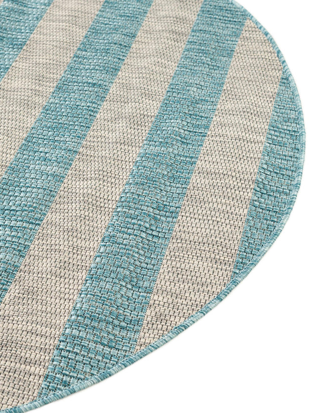 Light Aqua 4' 1 x 4' 1 Outdoor Striped Round Area Rug Weather Resistant for Patio, Deck, Terrace, Balcony, Porch Geometric Pattern Waterproof Carpet for Sale at Rug Engine
