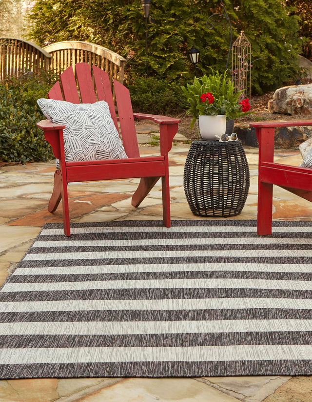 Charcoal Gray 9' x 12' Outdoor Striped Rectangle Area Rug Weather Resistant for Patio, Deck, Terrace, Balcony, Porch Geometric Pattern Waterproof Carpet for Sale at Rug Engine