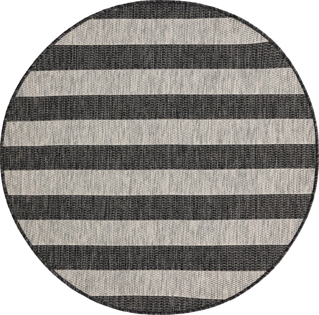 Charcoal Gray 4' 1 x 4' 1 Outdoor Striped Round Area Rug Weather Resistant for Patio, Deck, Terrace, Balcony, Porch Geometric Pattern Waterproof Carpet for Sale at Rug Engine