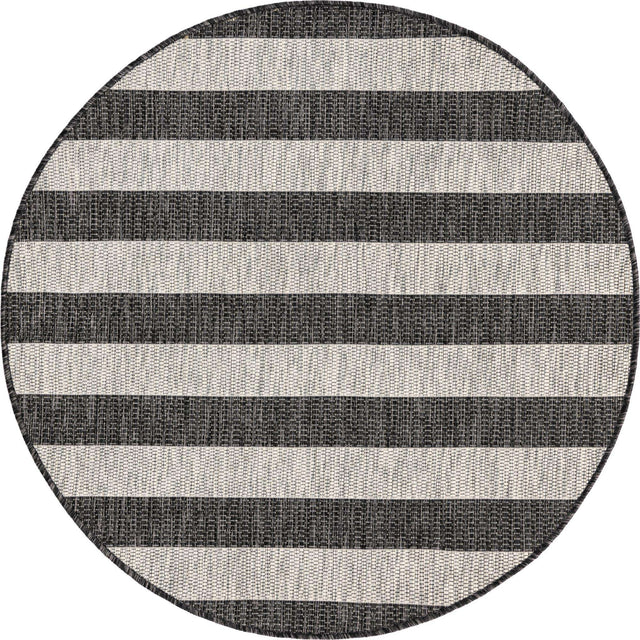 Charcoal Gray 4' 1 x 4' 1 Outdoor Striped Round Area Rug Weather Resistant for Patio, Deck, Terrace, Balcony, Porch Geometric Pattern Waterproof Carpet for Sale at Rug Engine