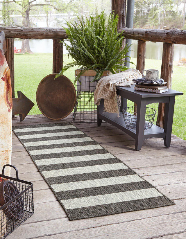 Charcoal Gray 2' x 6' 1 Outdoor Striped Runner Area Rug Weather Resistant for Patio, Deck, Terrace, Balcony, Porch Geometric Pattern Waterproof Carpet for Sale at Rug Engine
