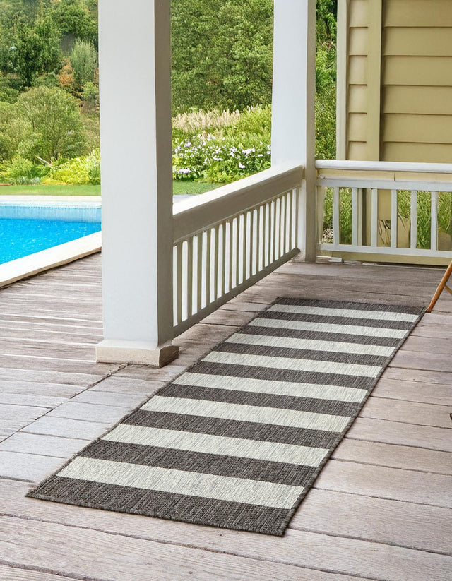 Charcoal Gray 2' x 6' 1 Outdoor Striped Runner Area Rug Weather Resistant for Patio, Deck, Terrace, Balcony, Porch Geometric Pattern Waterproof Carpet for Sale at Rug Engine