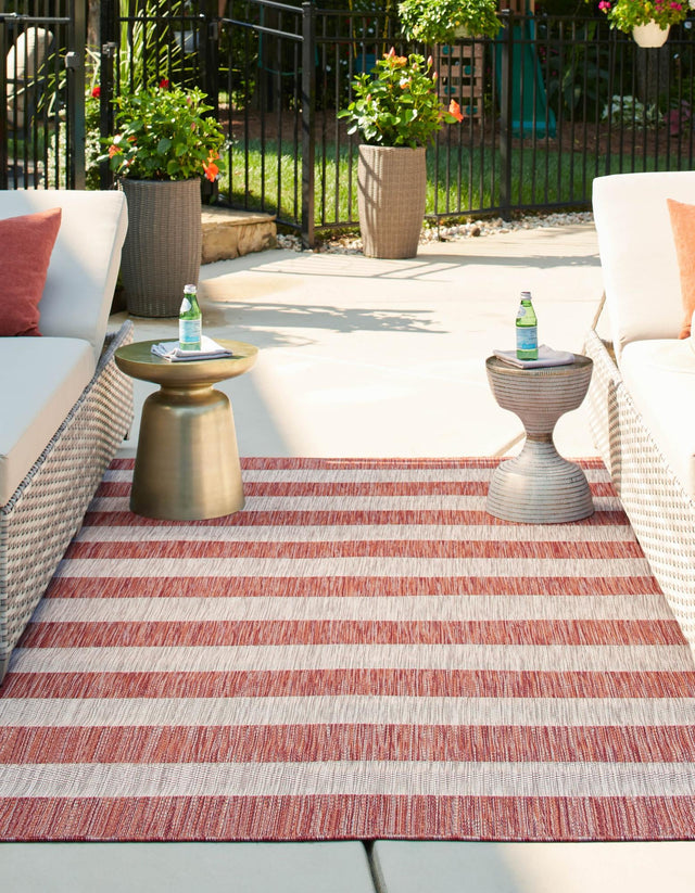 Rust Red 9' x 12' Outdoor Striped Rectangle Area Rug Weather Resistant for Patio, Deck, Terrace, Balcony, Porch Geometric Pattern Waterproof Carpet for Sale at Rug Engine