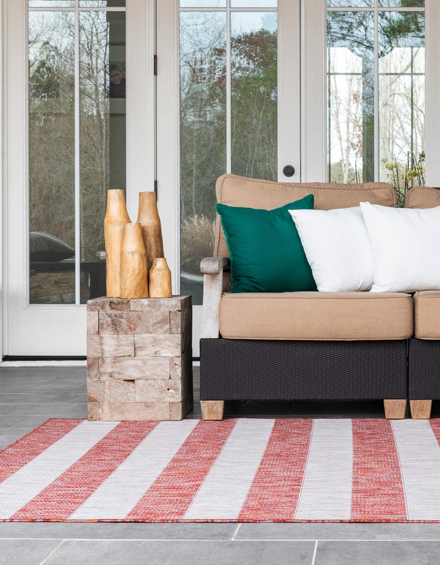 Rust Red 9' x 12' Outdoor Striped Rectangle Area Rug Weather Resistant for Patio, Deck, Terrace, Balcony, Porch Geometric Pattern Waterproof Carpet for Sale at Rug Engine
