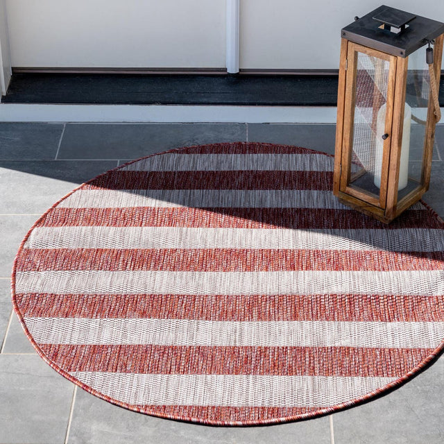 Rust Red 10' x 10' Outdoor Striped Round Area Rug Weather Resistant for Patio, Deck, Terrace, Balcony, Porch Geometric Pattern Waterproof Carpet for Sale at Rug Engine