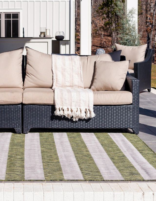 Green 5' 3 x 8' Outdoor Striped Rectangle Area Rug Weather Resistant for Patio, Deck, Terrace, Balcony, Porch Geometric Pattern Waterproof Carpet for Sale at Rug Engine