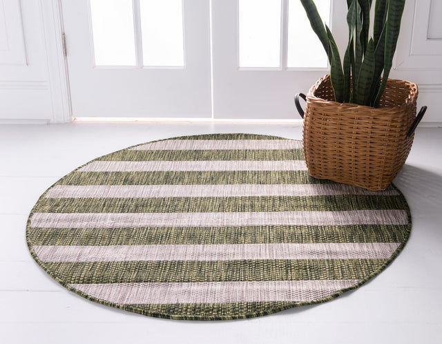 Green 6' 1 x 6' 1 Outdoor Striped Round Area Rug Weather Resistant for Patio, Deck, Terrace, Balcony, Porch Geometric Pattern Waterproof Carpet for Sale at Rug Engine