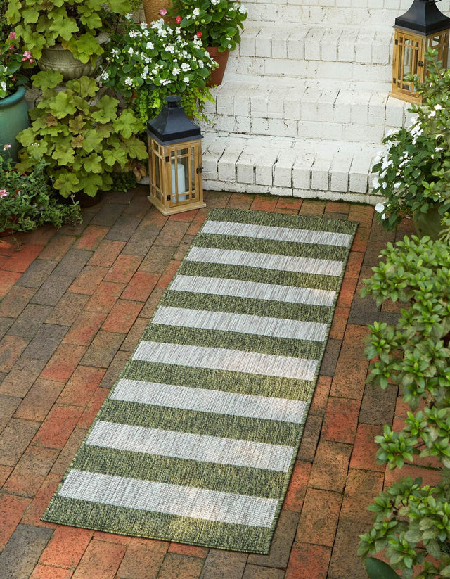 Green 2' 7 x 10' Outdoor Striped Runner Area Rug Weather Resistant for Patio, Deck, Terrace, Balcony, Porch