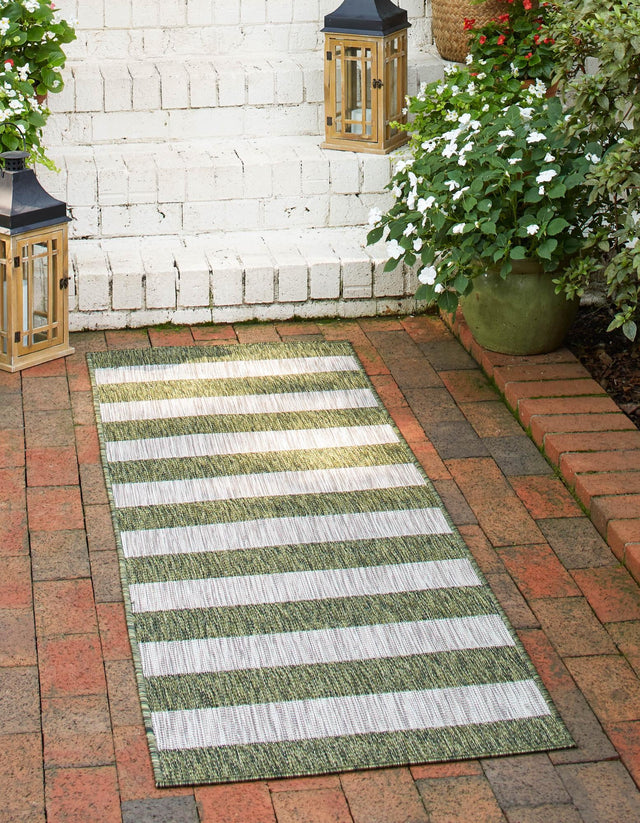 Green 2' 7 x 10' Outdoor Striped Runner Area Rug Weather Resistant for Patio, Deck, Terrace, Balcony, Porch