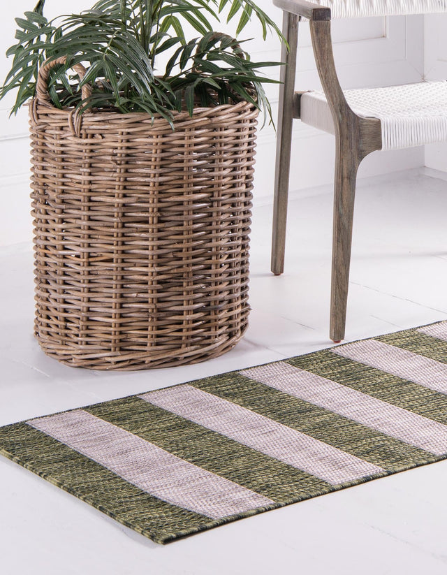 Green 2' 7 x 10' Outdoor Striped Runner Area Rug Weather Resistant for Patio, Deck, Terrace, Balcony, Porch