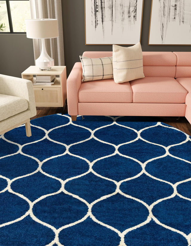 Navy Blue 7' 10 x 7' 10 Trellis Frieze Round Area Rug Geometric Modern Unique Stain Resistant Easy Clean Carpet for Living, Dining, Bedrooms, Office for Sale at Rug Engine