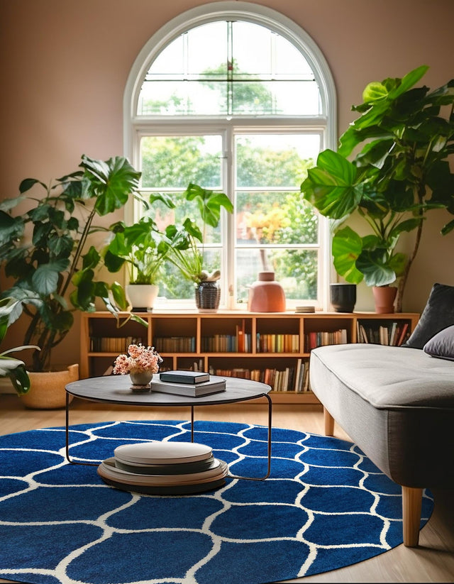 Navy Blue 3' 1 x 3' 1 Trellis Frieze Round Area Rug Geometric Modern Unique Stain Resistant Easy Clean Carpet for Living, Dining, Bedrooms, Office for Sale at Rug Engine