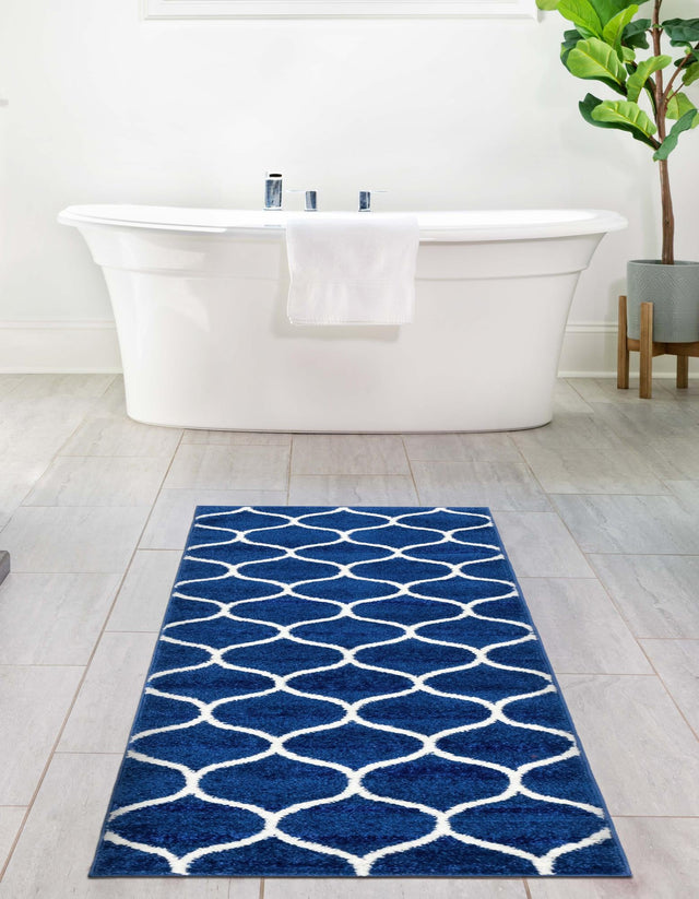 Navy Blue 2' x 8' 8 Trellis Frieze Runner Area Rug Geometric Modern Unique Stain Resistant Easy Clean Carpet for Living, Dining, Bedrooms, Office for Sale at Rug Engine
