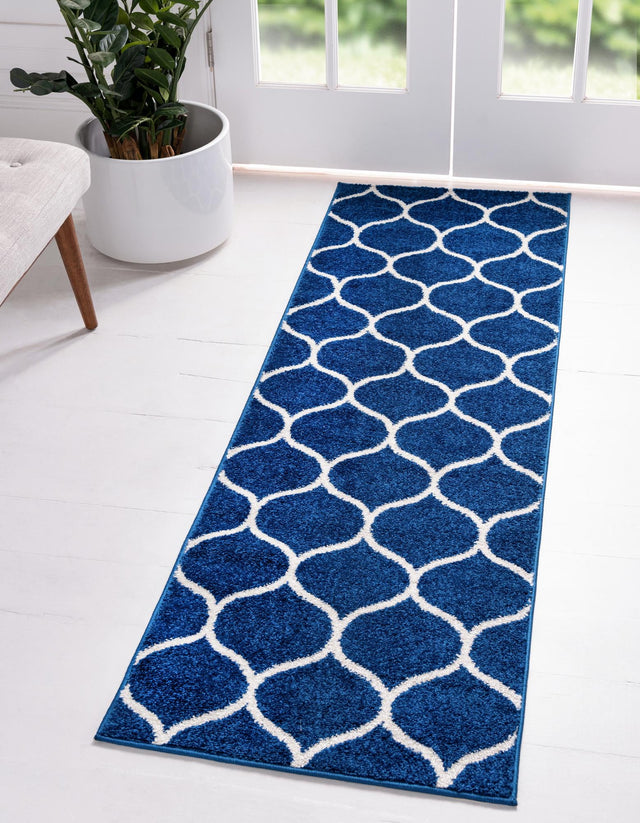 Navy Blue 2' x 8' 8 Trellis Frieze Runner Area Rug Geometric Modern Unique Stain Resistant Easy Clean Carpet for Living, Dining, Bedrooms, Office for Sale at Rug Engine