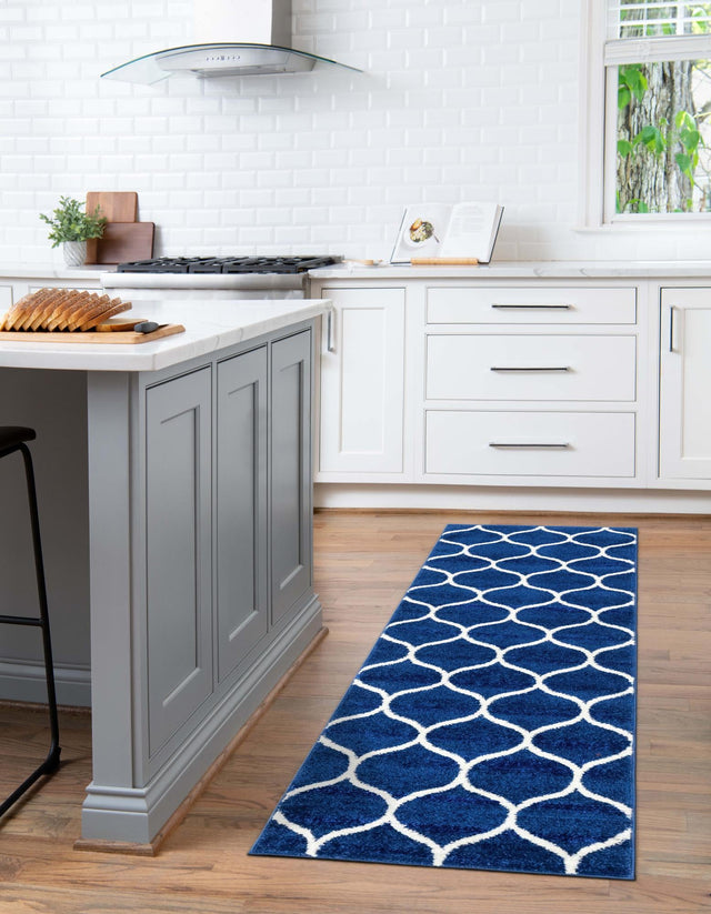 Navy Blue 2' x 13' 1 Trellis Frieze Runner Area Rug Geometric Modern Unique Stain Resistant Easy Clean Carpet for Living, Dining, Bedrooms, Office for Sale at Rug Engine