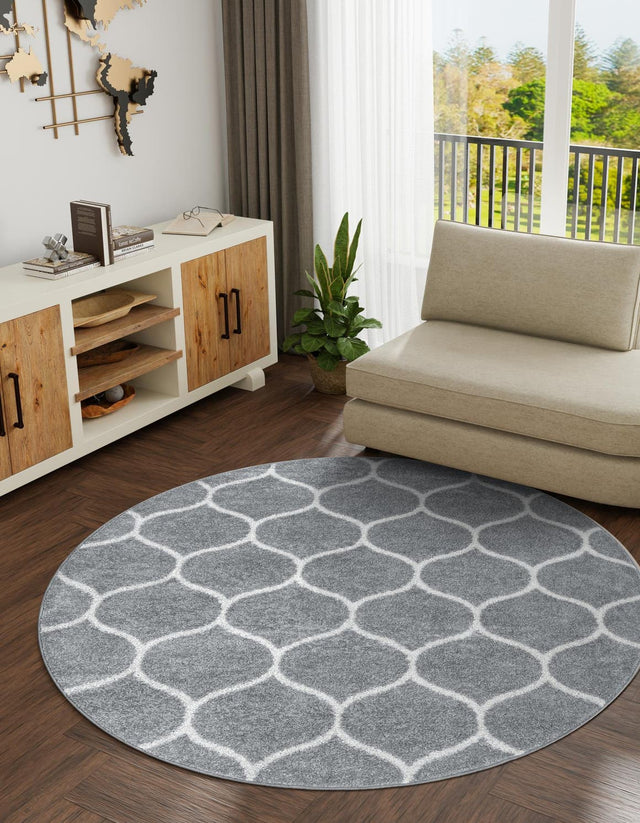 Light Gray 4' 1 x 4' 1 Trellis Frieze Round Area Rug Geometric Modern Unique Stain Resistant Easy Clean Carpet for Living, Dining, Bedrooms, Office for Sale at Rug Engine