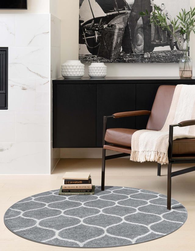 Light Gray 4' 1 x 4' 1 Trellis Frieze Round Area Rug Geometric Modern Unique Stain Resistant Easy Clean Carpet for Living, Dining, Bedrooms, Office for Sale at Rug Engine