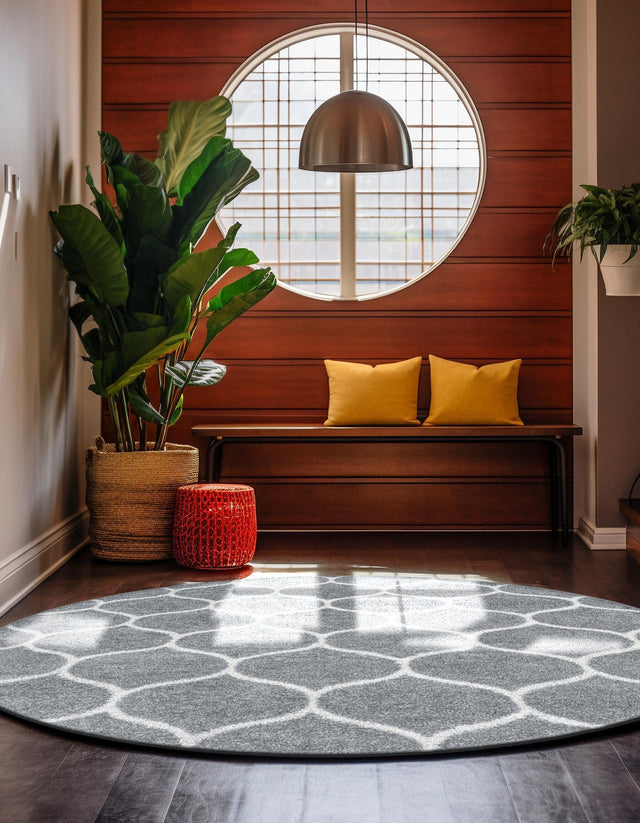 Light Gray 4' 1 x 4' 1 Trellis Frieze Round Area Rug Geometric Modern Unique Stain Resistant Easy Clean Carpet for Living, Dining, Bedrooms, Office for Sale at Rug Engine