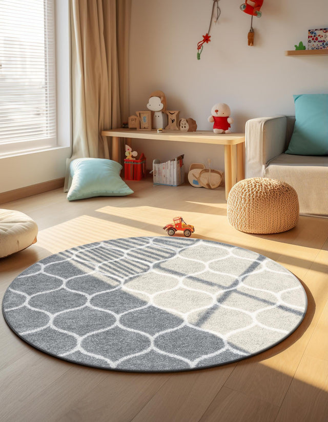 Light Gray 4' 1 x 4' 1 Trellis Frieze Round Area Rug Geometric Modern Unique Stain Resistant Easy Clean Carpet for Living, Dining, Bedrooms, Office for Sale at Rug Engine