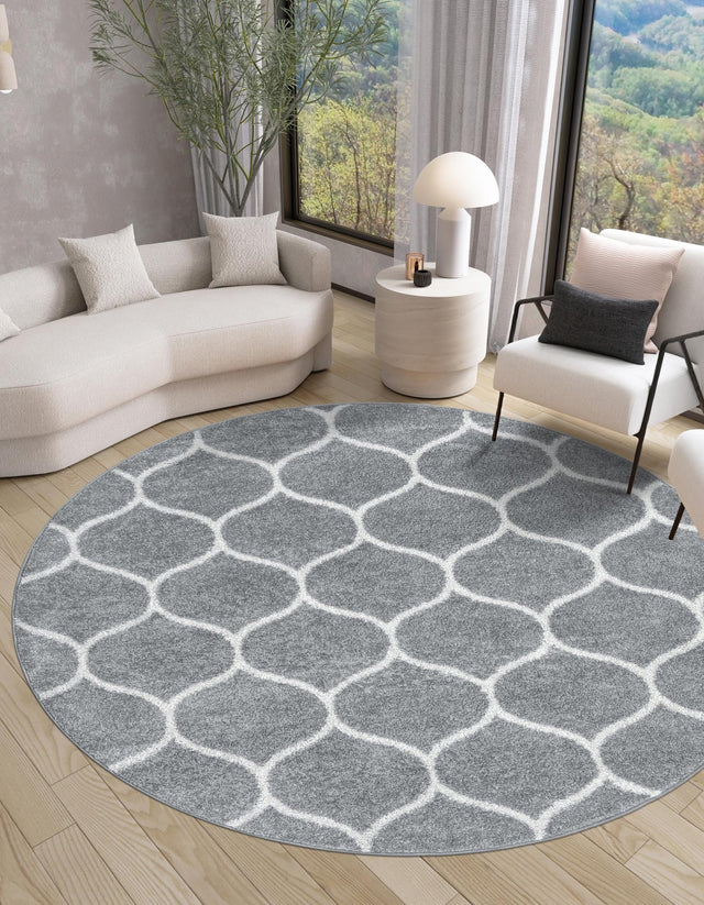 Light Gray 4' 1 x 4' 1 Trellis Frieze Round Area Rug Geometric Modern Unique Stain Resistant Easy Clean Carpet for Living, Dining, Bedrooms, Office for Sale at Rug Engine