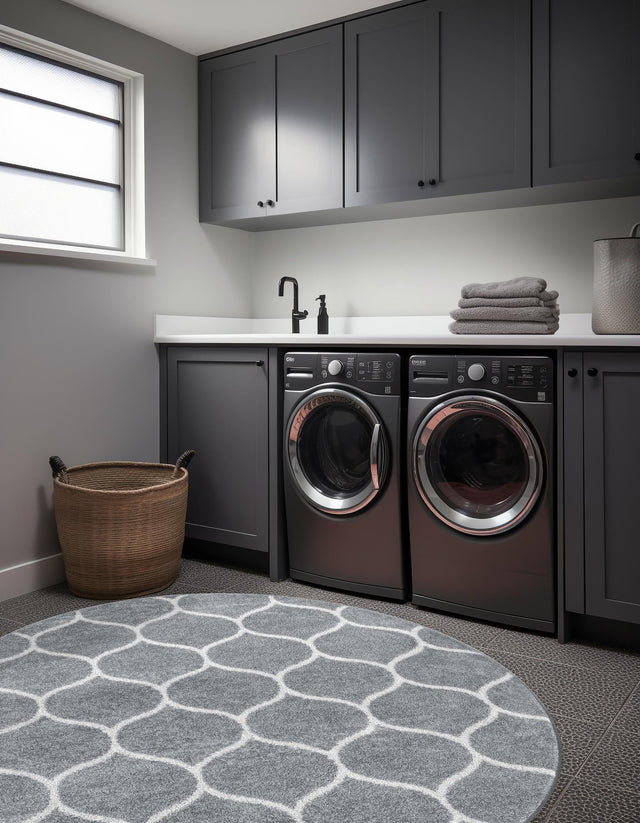 Light Gray 4' 1 x 4' 1 Trellis Frieze Round Area Rug Geometric Modern Unique Stain Resistant Easy Clean Carpet for Living, Dining, Bedrooms, Office for Sale at Rug Engine