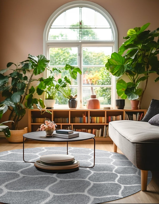 Light Gray 4' 1 x 4' 1 Trellis Frieze Round Area Rug Geometric Modern Unique Stain Resistant Easy Clean Carpet for Living, Dining, Bedrooms, Office for Sale at Rug Engine