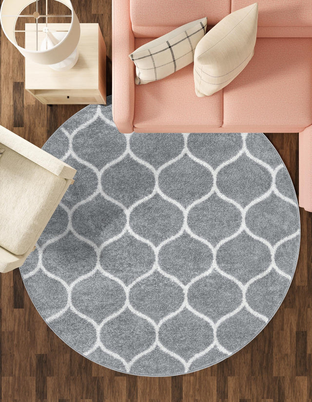 Light Gray 5' 3 x 5' 3 Trellis Frieze Round Area Rug Geometric Modern Unique Stain Resistant Easy Clean Carpet for Living, Dining, Bedrooms, Office for Sale at Rug Engine