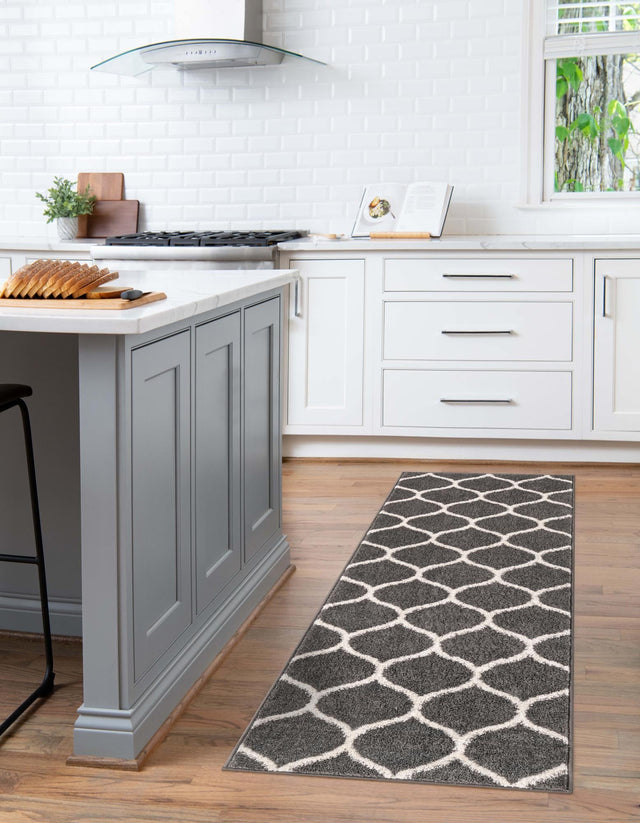 Dark Gray 2' x 10' Trellis Frieze Runner Area Rug Geometric Modern Unique Stain Resistant Easy Clean Carpet for Living, Dining, Bedrooms, Office for Sale at Rug Engine