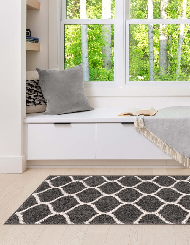 Dark Gray 2' x 10' Trellis Frieze Runner Area Rug Geometric Modern Unique Stain Resistant Easy Clean Carpet for Living, Dining, Bedrooms, Office for Sale at Rug Engine