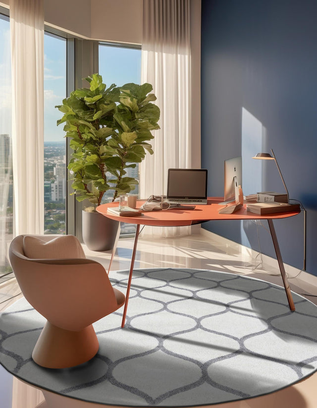 Ivory 6' 1 x 6' 1 Trellis Frieze Round Area Rug Geometric Modern Unique Stain Resistant Easy Clean Carpet for Living, Dining, Bedrooms, Office for Sale at Rug Engine