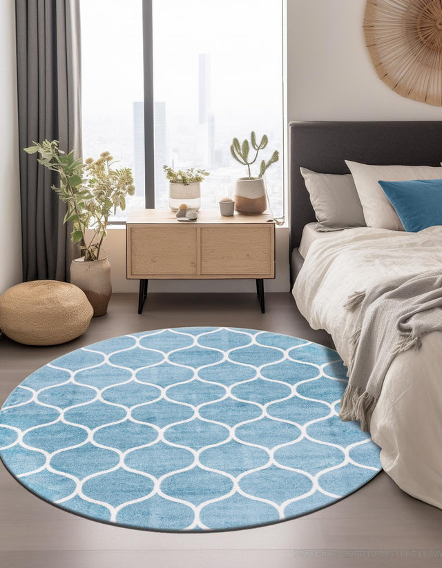 Light Blue 7' 10 x 7' 10 Trellis Frieze Round Area Rug Geometric Modern Unique Stain Resistant Easy Clean Carpet for Living, Dining, Bedrooms, Office for Sale at Rug Engine