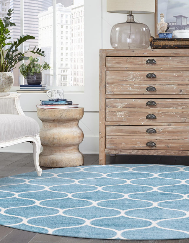 Light Blue 7' 10 x 7' 10 Trellis Frieze Round Area Rug Geometric Modern Unique Stain Resistant Easy Clean Carpet for Living, Dining, Bedrooms, Office for Sale at Rug Engine