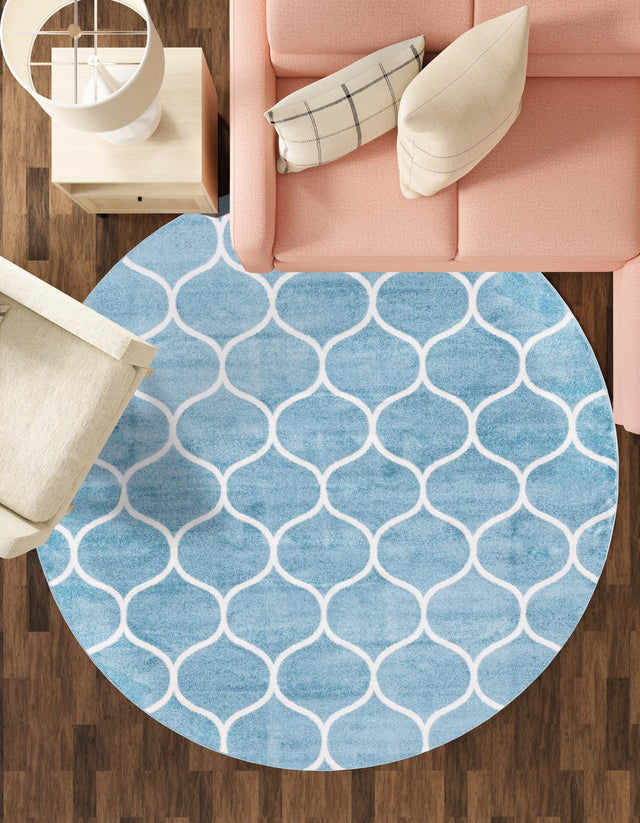 Light Blue 4' 1 x 4' 1 Trellis Frieze Round Area Rug Geometric Modern Unique Stain Resistant Easy Clean Carpet for Living, Dining, Bedrooms, Office for Sale at Rug Engine