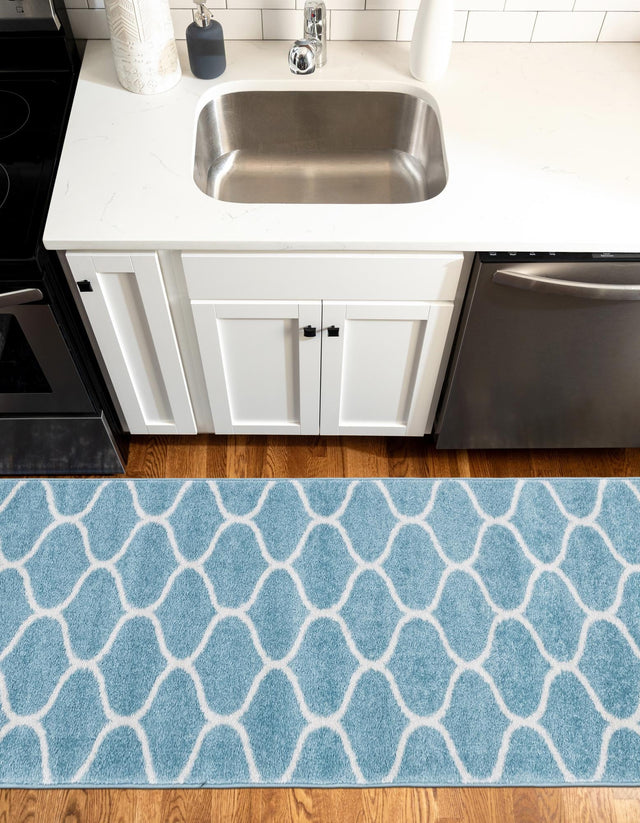 Light Blue 2' x 6' 1 Trellis Frieze Runner Area Rug Geometric Modern Unique Stain Resistant Easy Clean Carpet for Living, Dining, Bedrooms, Office for Sale at Rug Engine