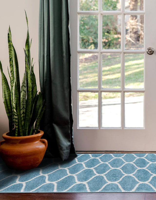 Light Blue 2' x 6' 1 Trellis Frieze Runner Area Rug Geometric Modern Unique Stain Resistant Easy Clean Carpet for Living, Dining, Bedrooms, Office for Sale at Rug Engine