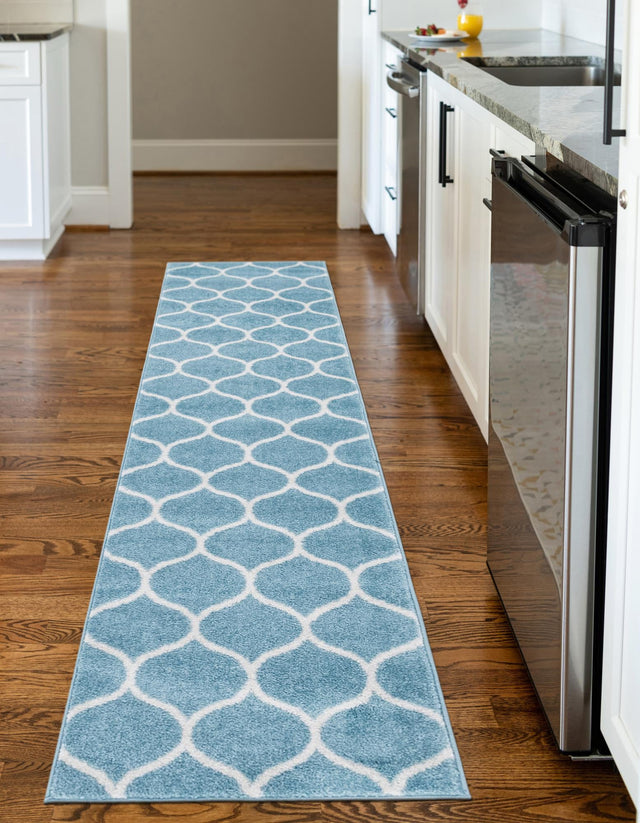 Light Blue 2' x 6' 1 Trellis Frieze Runner Area Rug Geometric Modern Unique Stain Resistant Easy Clean Carpet for Living, Dining, Bedrooms, Office for Sale at Rug Engine