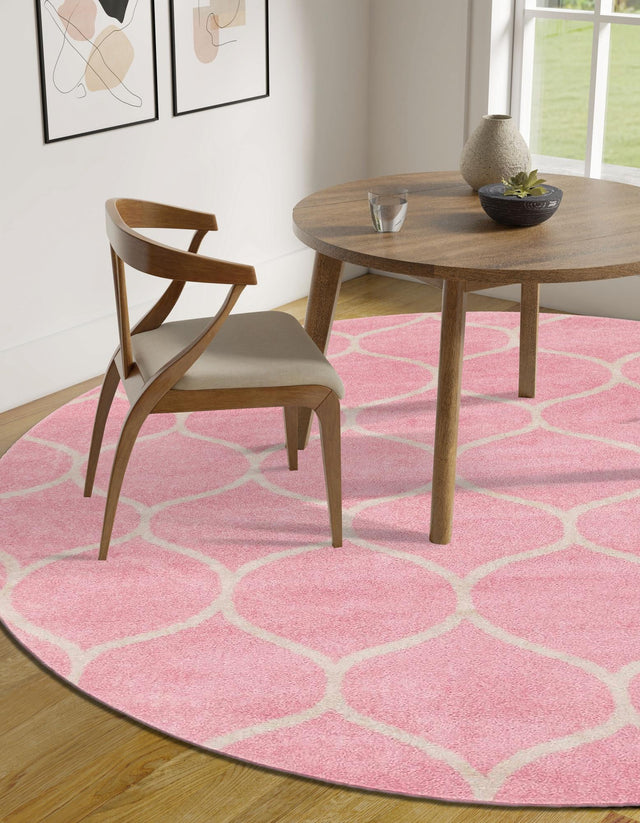 Light Pink 4' 1 x 4' 1 Trellis Frieze Round Area Rug Geometric Modern Unique Stain Resistant Easy Clean Carpet for Living, Dining, Bedrooms, Office for Sale at Rug Engine
