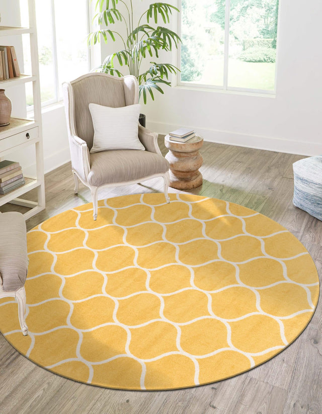 Yellow 4' 1 x 4' 1 Trellis Frieze Round Area Rug Geometric Modern Unique Stain Resistant Easy Clean Carpet for Living, Dining, Bedrooms, Office for Sale at Rug Engine