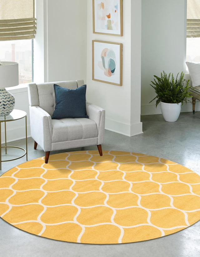 Yellow 4' 1 x 4' 1 Trellis Frieze Round Area Rug Geometric Modern Unique Stain Resistant Easy Clean Carpet for Living, Dining, Bedrooms, Office for Sale at Rug Engine