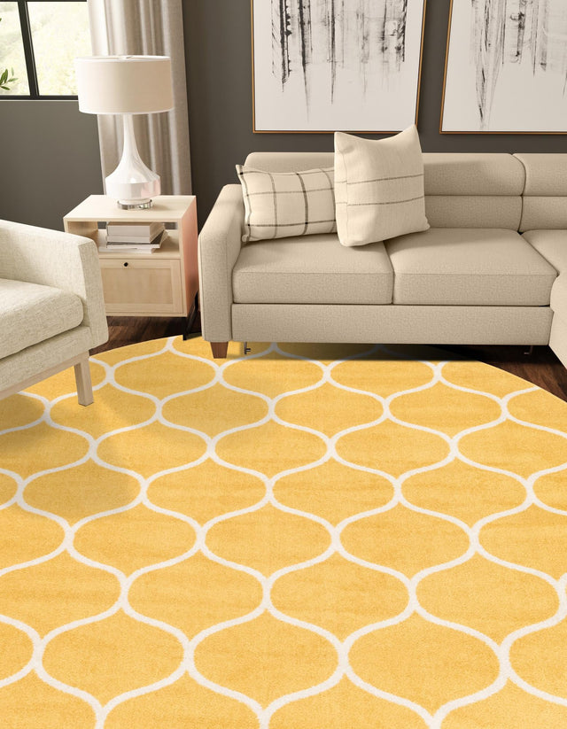 Yellow 4' 1 x 4' 1 Trellis Frieze Round Area Rug Geometric Modern Unique Stain Resistant Easy Clean Carpet for Living, Dining, Bedrooms, Office for Sale at Rug Engine