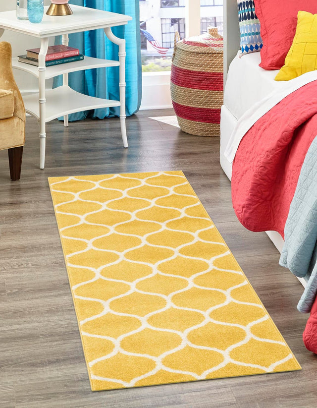 Yellow 2' x 10' Trellis Frieze Runner Area Rug Geometric Modern Unique Stain Resistant Easy Clean Carpet for Living, Dining, Bedrooms, Office for Sale at Rug Engine