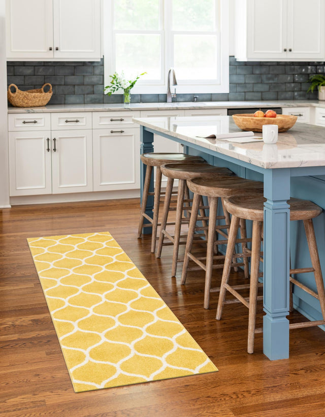 Yellow 2' x 8' 8 Trellis Frieze Runner Area Rug Geometric Modern Unique Stain Resistant Easy Clean Carpet for Living, Dining, Bedrooms, Office for Sale at Rug Engine