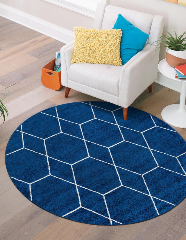 Navy Blue 4' 1 x 4' 1 Trellis Frieze Round Area Rug Geometric Modern Unique Stain Resistant Easy Clean Carpet for Living, Dining, Bedrooms, Office for Sale at Rug Engine