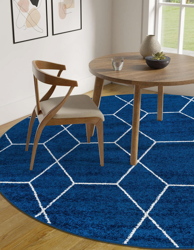 Navy Blue 3' 1 x 3' 1 Trellis Frieze Round Area Rug Geometric Modern Unique Stain Resistant Easy Clean Carpet for Living, Dining, Bedrooms, Office for Sale at Rug Engine