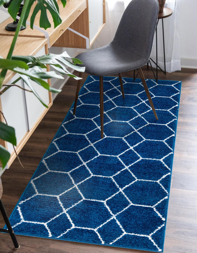 Navy Blue 2' x 6' 1 Trellis Frieze Runner Area Rug Geometric Modern Unique Stain Resistant Easy Clean Carpet for Living, Dining, Bedrooms, Office for Sale at Rug Engine