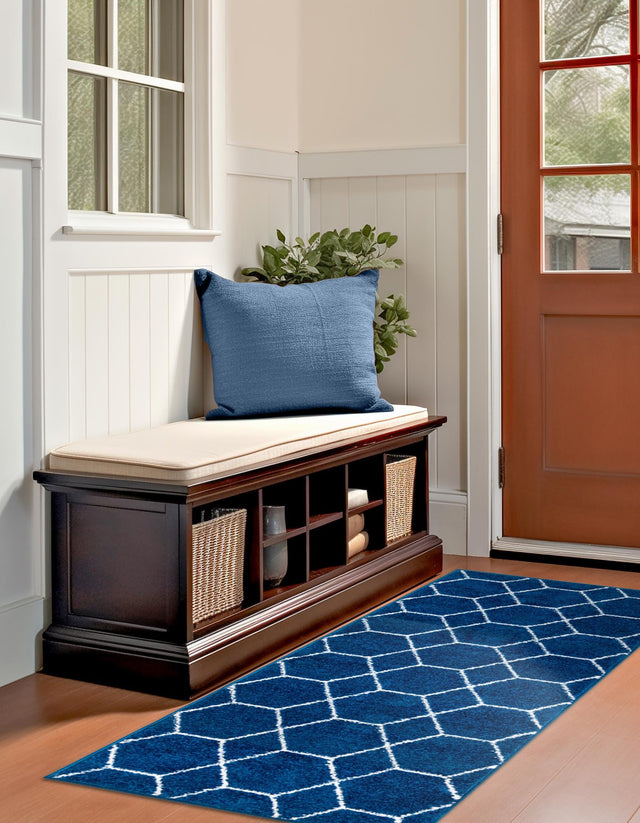 Navy Blue 2' x 13' 1 Trellis Frieze Runner Area Rug Geometric Modern Unique Stain Resistant Easy Clean Carpet for Living, Dining, Bedrooms, Office for Sale at Rug Engine