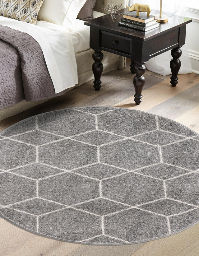 Light Gray 6' 1 x 6' 1 Trellis Frieze Round Area Rug Geometric Modern Unique Stain Resistant Easy Clean Carpet for Living, Dining, Bedrooms, Office for Sale at Rug Engine